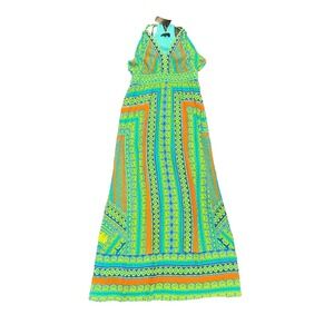 Hale Bob BoHo Maxi Dress Green Orange Print Empire Waist Tie Neck Lined SZ S